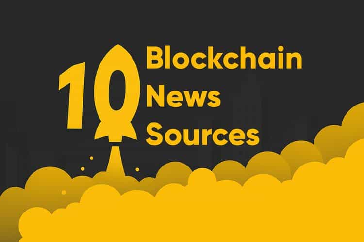 A graphic with the text "10 Blockchain News Sources" featuring a rocket design and yellow smoke on a dark background.