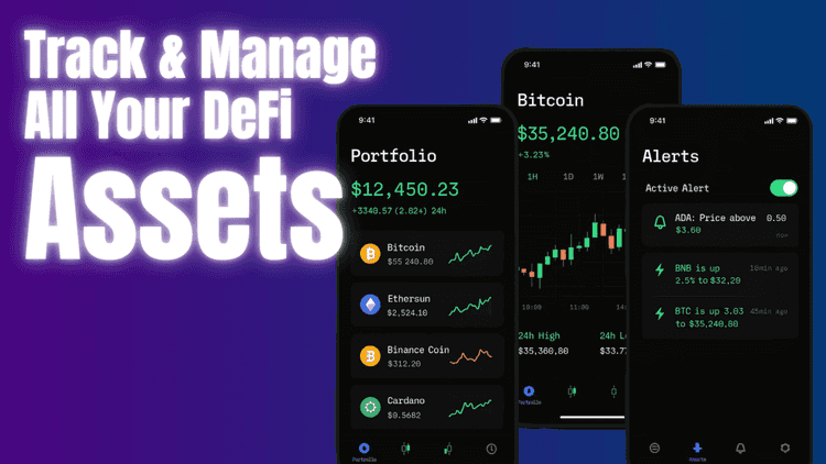 Mobile screens displaying a crypto portfolio, live Bitcoin chart, and price alerts, with bold text saying “Track & Manage All Your DeFi Assets.