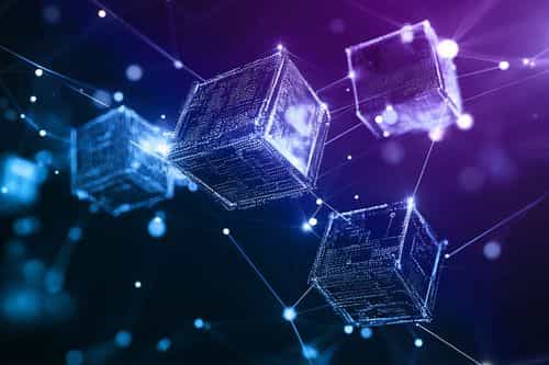 A detailed infographic illustrating the structure of a blockchain, showing a chain of connected blocks, with icons representing transactions, decentralization, and cryptographic hashes.