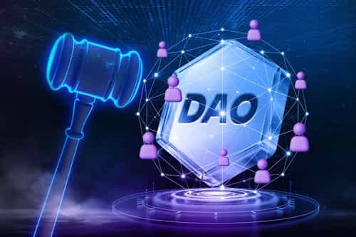 A futuristic illustration of a DAO symbol surrounded by interconnected user icons, with a digital judge’s gavel representing governance, voting, and decentralized decision-making on blockchain.