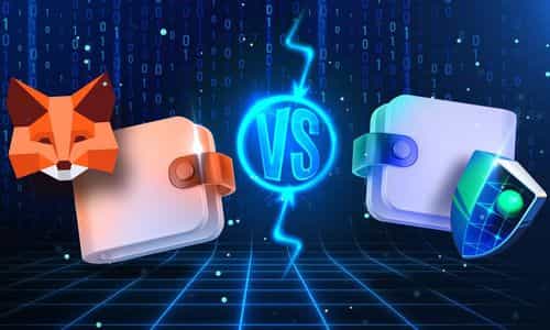 MetaMask and Trust Wallet logos displayed on two crypto wallets with a glowing VS symbol between them.