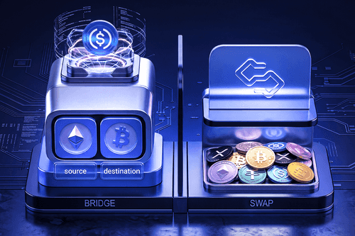 3D illustration comparing a crypto bridge, which moves assets from a source blockchain to a destination blockchain, with a crypto swap, which exchanges one token for another.