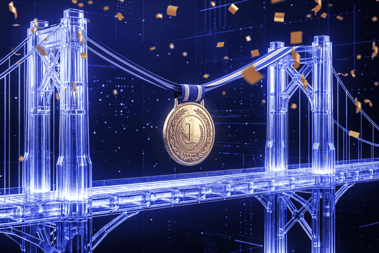 Transparent digital bridge with a gold first-place medal, representing the best cross-chain bridges in 2026.