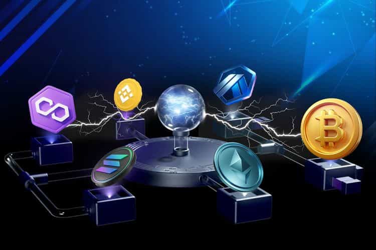 A futuristic hub connects top blockchains: Bitcoin, BSC, Polygon, Arbitrum, Ethereum and Solana.