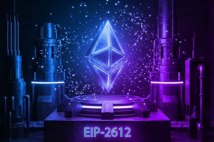 A glowing Ethereum logo surrounded by neon lights and futuristic machinery with the text "EIP-2612" illuminated at the base.