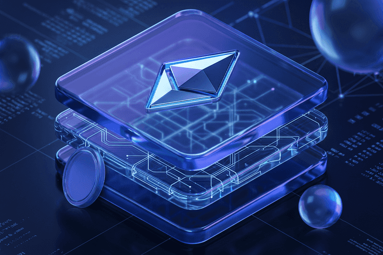 3D illustration of the Ethereum logo floating between transparent layered blockchain panels with glowing blue circuitry, representing Ethereum Layer 2 scaling technology.