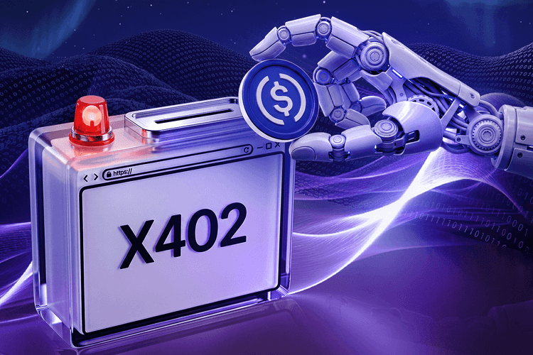 Robotic hand holding a USDC coin above an x402 payment interface, representing autonomous stablecoin payments between AI agents and digital services.