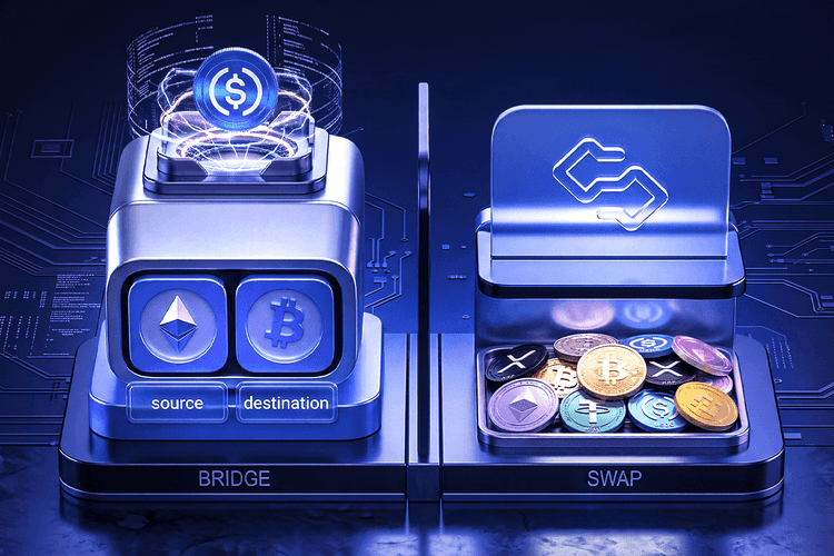 3D illustration comparing a crypto bridge, which moves assets from a source blockchain to a destination blockchain, with a crypto swap, which exchanges one token for another.
