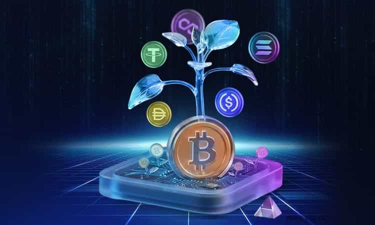 A futuristic 3D illustration of a Bitcoin coin growing into a transparent plant from a digital circuit board, surrounded by stablecoin and blockchain token icons, symbolizing DeFi yield farming, crypto investments, and sustainable on-chain returns.