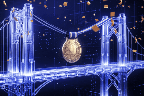 Transparent digital bridge with a gold first-place medal, representing the best cross-chain bridges in 2026.