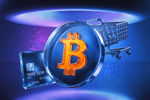 3D Bitcoin symbol with a payment card and shopping cart, illustrating how Bitcoin can be used for online and retail purchases.