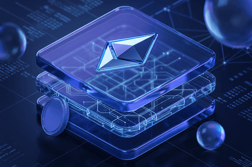 3D illustration of the Ethereum logo floating between transparent layered blockchain panels with glowing blue circuitry, representing Ethereum Layer 2 scaling technology.